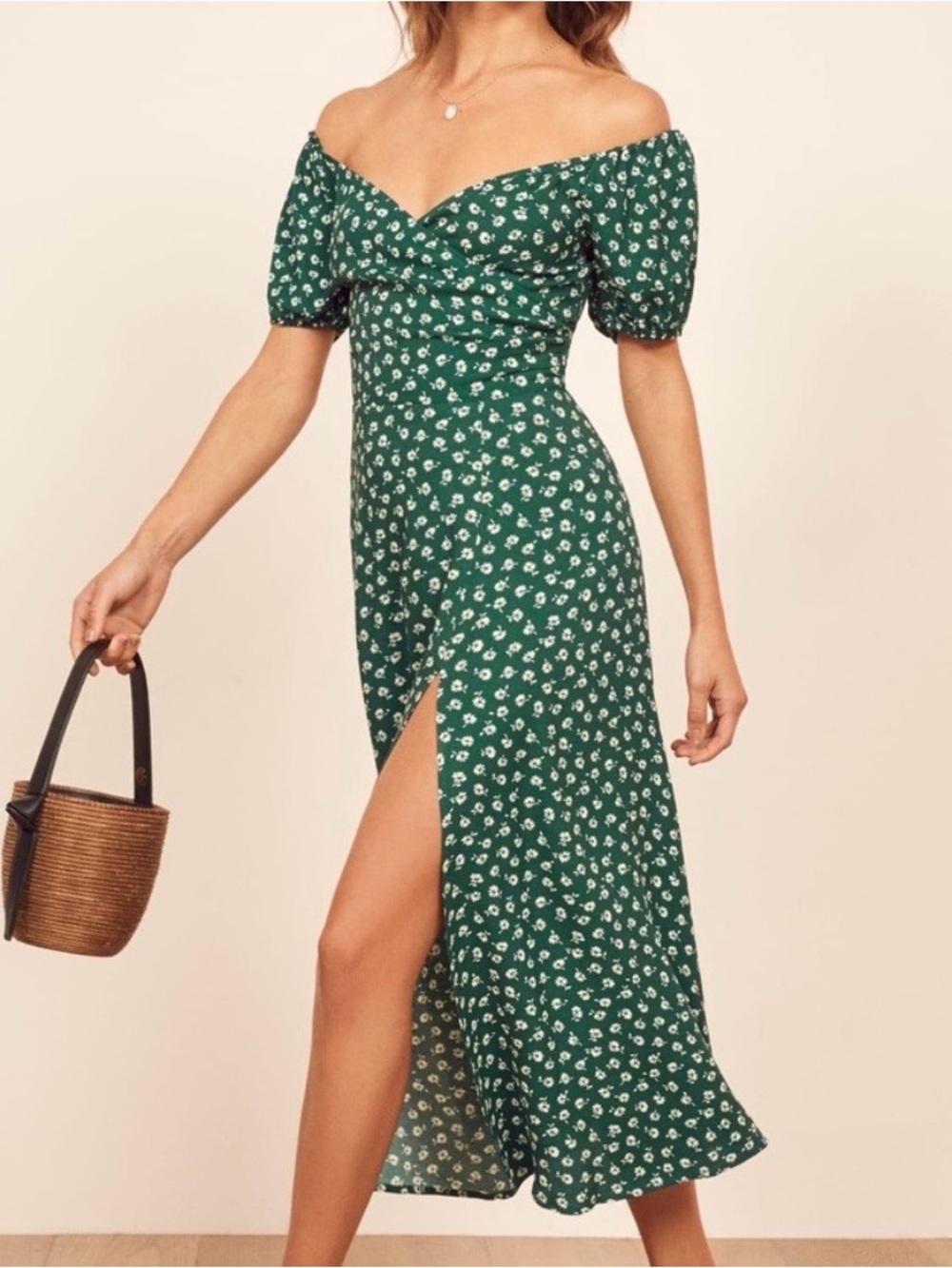Reformation Pearl Midi Dress in green floral, size 4
